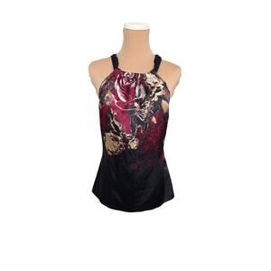 Tahari Floral Halter Neck Top - Black and Red *see size info
